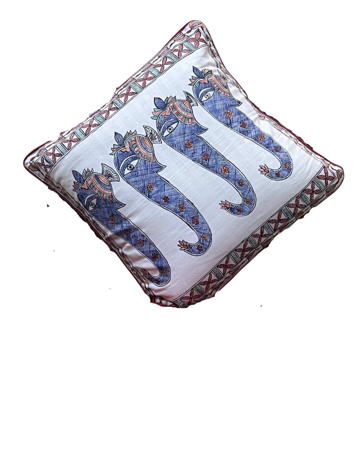 HAND-PAINTED MADHUBANI ELEPHANT CUSHION COVER